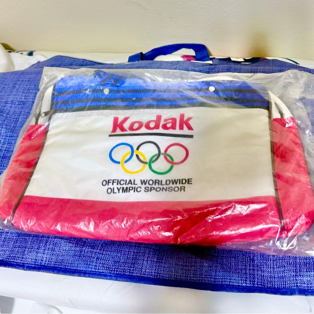 1984 Kodak Official Olympic Sponsor duffel bag, Red, White, & Blue, unopened.